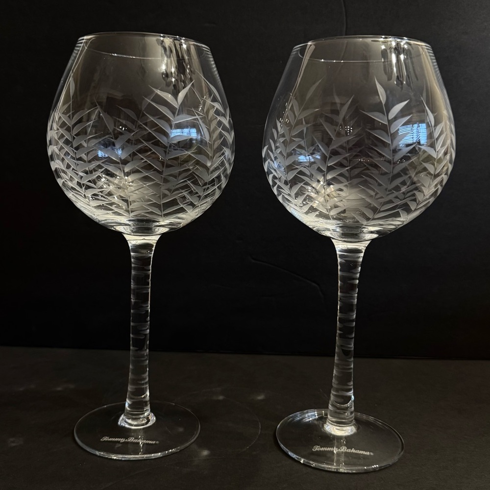 Late 20th Century Tommy Bahama Etched Palm RARE 2 Large Balloon Red Wine Glasses